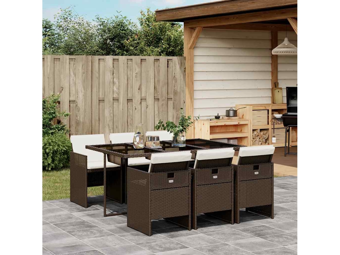Vidaxl 7 Pcs Conjunto Jantar P/ Jardim C/ Almofadões Vime Pe Castanho
