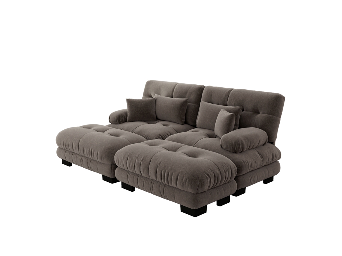 Sofá Cloud Chenille Marrom Elegante Com Almofadas E Puffes, Ideal Para Sala Moderna Com Braços Largos E Estilo Duplo.