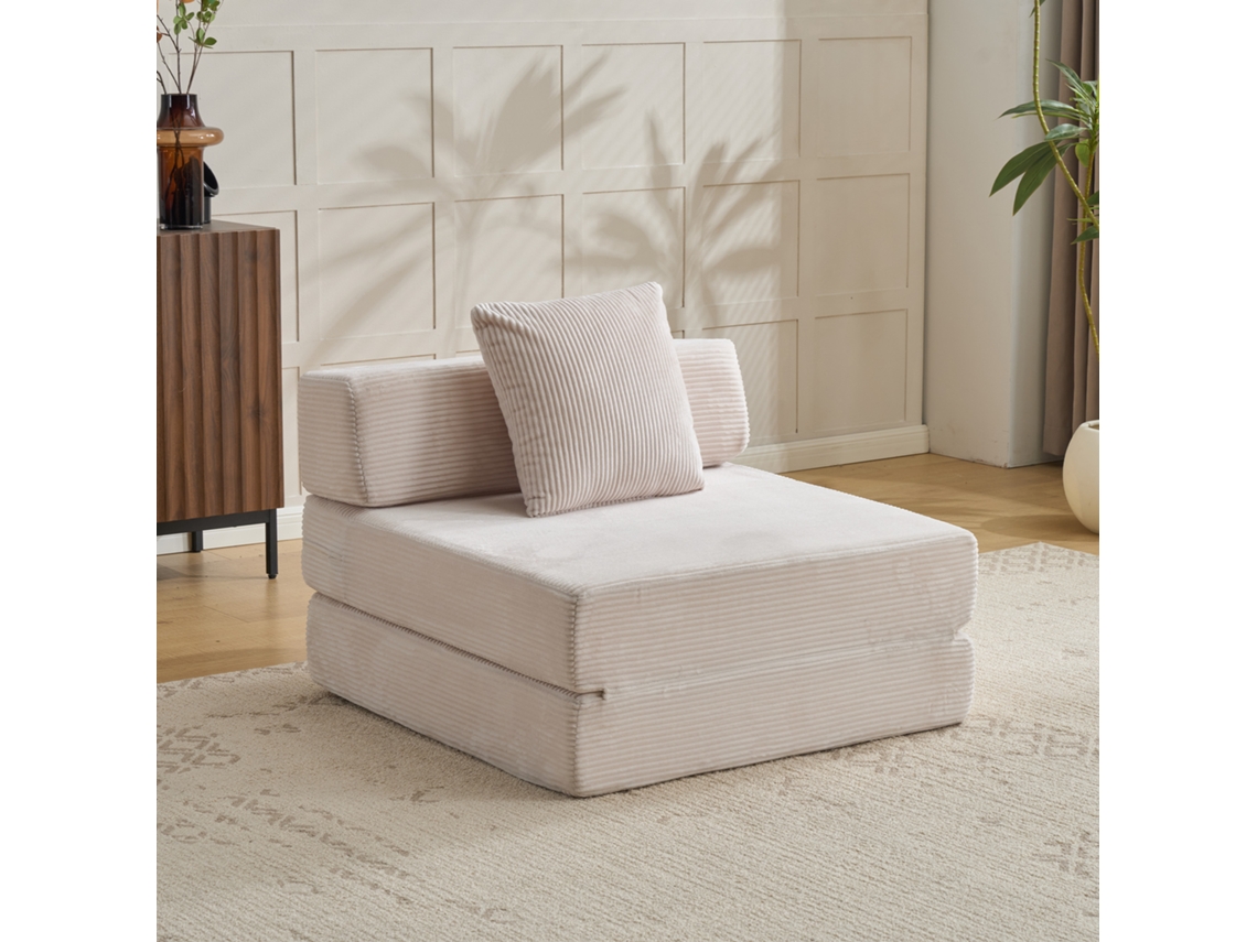 Sofá De Chão Conversível Com Almofada, Tecido Cotelê, Branco, Para Sala Ou Quarto