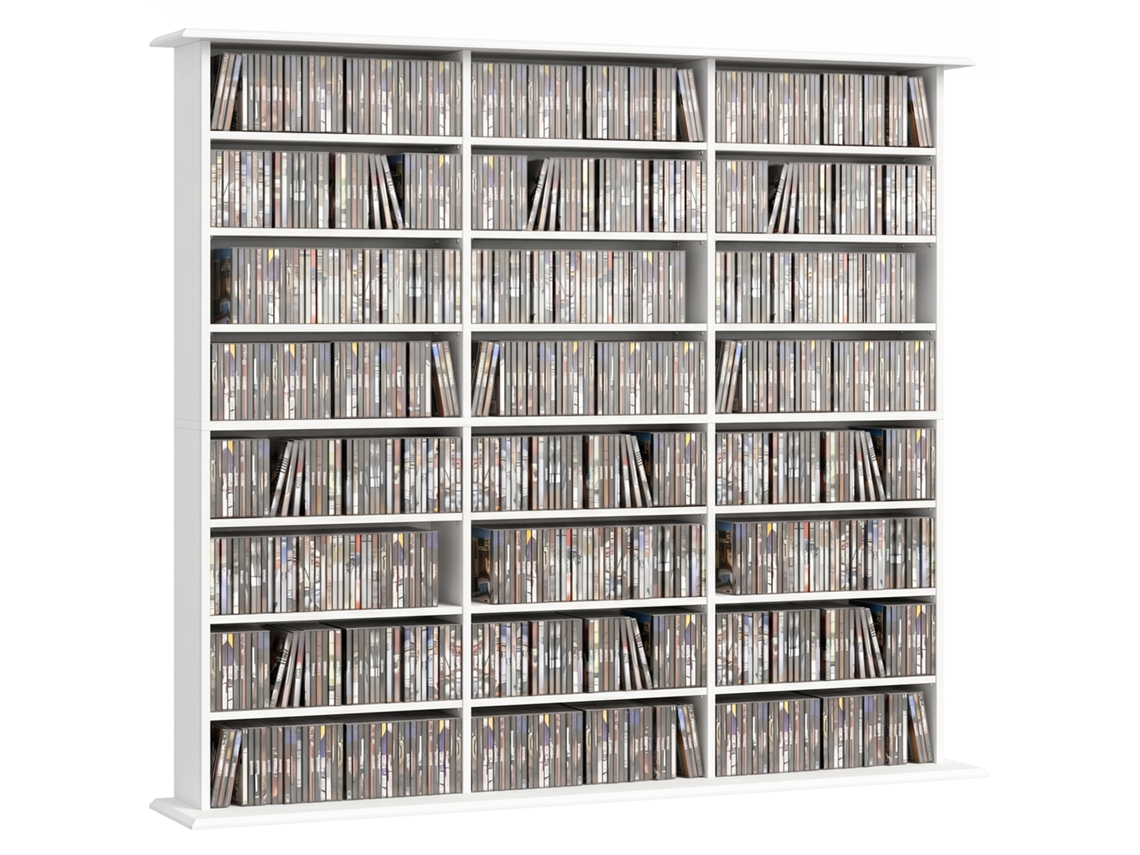 Móvel De Arrumação Multimédia Branco Com 24 Compartimentos E 18 Prateleiras Ajustáveis Para 1032 Cds Ou 594 Dvds