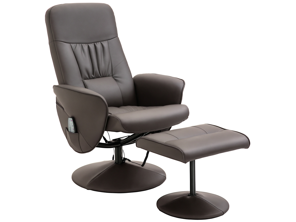 Poltrona reclinável + banco, 10 pontos de massagem/controle, couro sintético, marrom