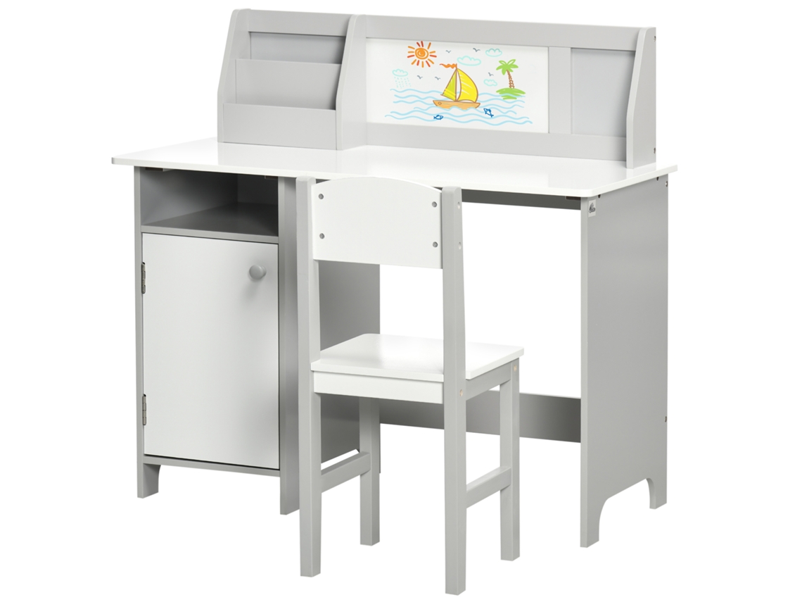 Conjunto De Mesa E Cadeiras, Em Madeira, Branco E Cinza