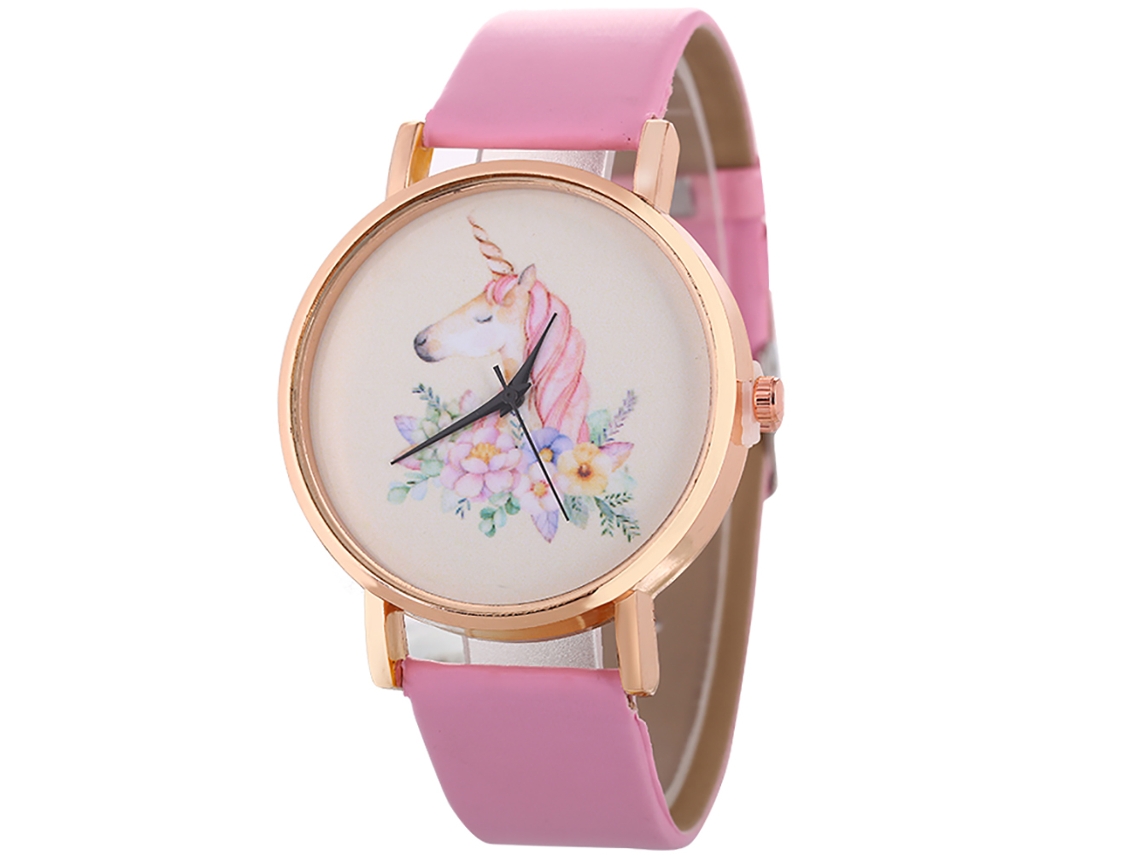 Relógio Feminino de Moda Pulseira de Couro Pu Casual Quartzo Rosa com Padrão de Cavalo e Flores