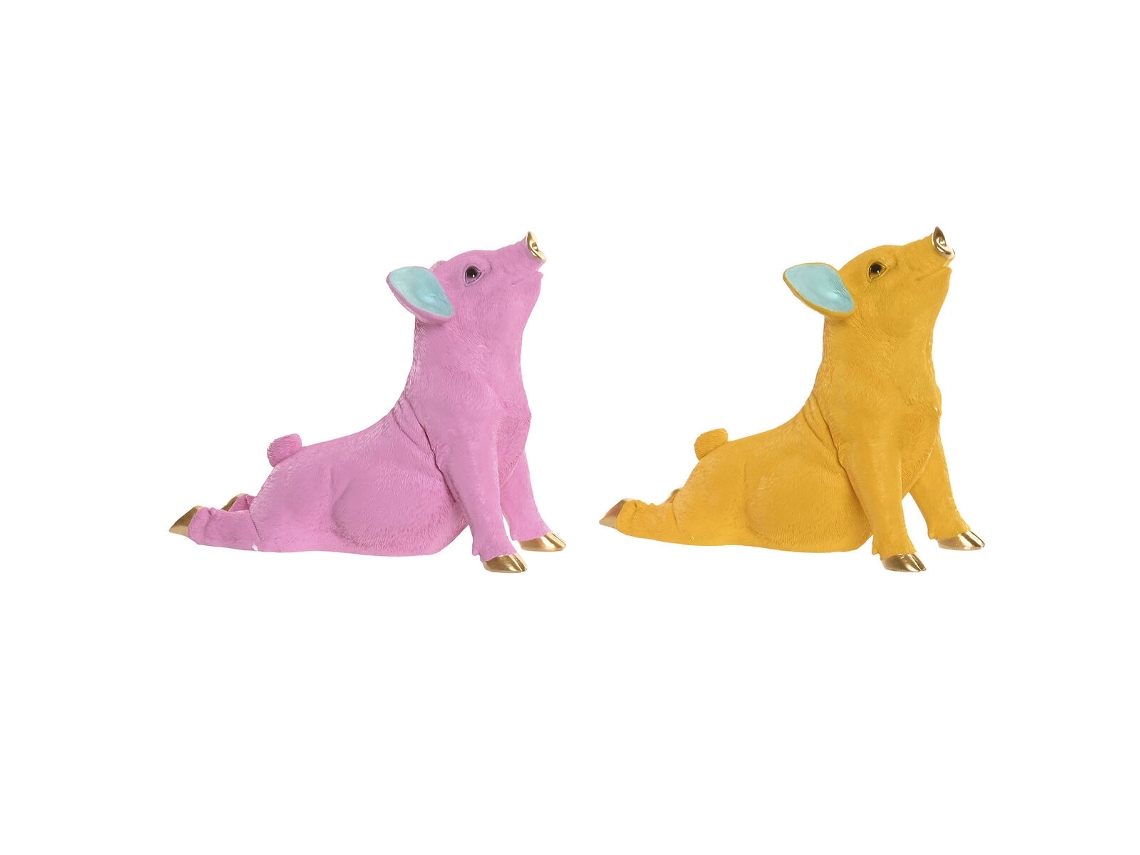 Figura Decorativa Home Esprit Amarelo Verde Cor De Rosa Dourado Porco 30,5 X 15 X 25 Cm (2 Unidades)