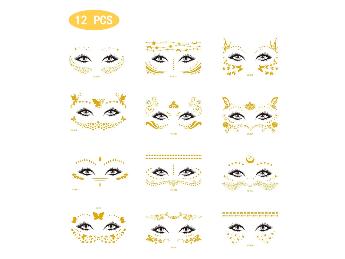 12 Folhas De Tatuagens Faciais E Pintas Temporárias Para Mulheres E Meninas, Impermeáveis E Anti-suor, Designes Variados