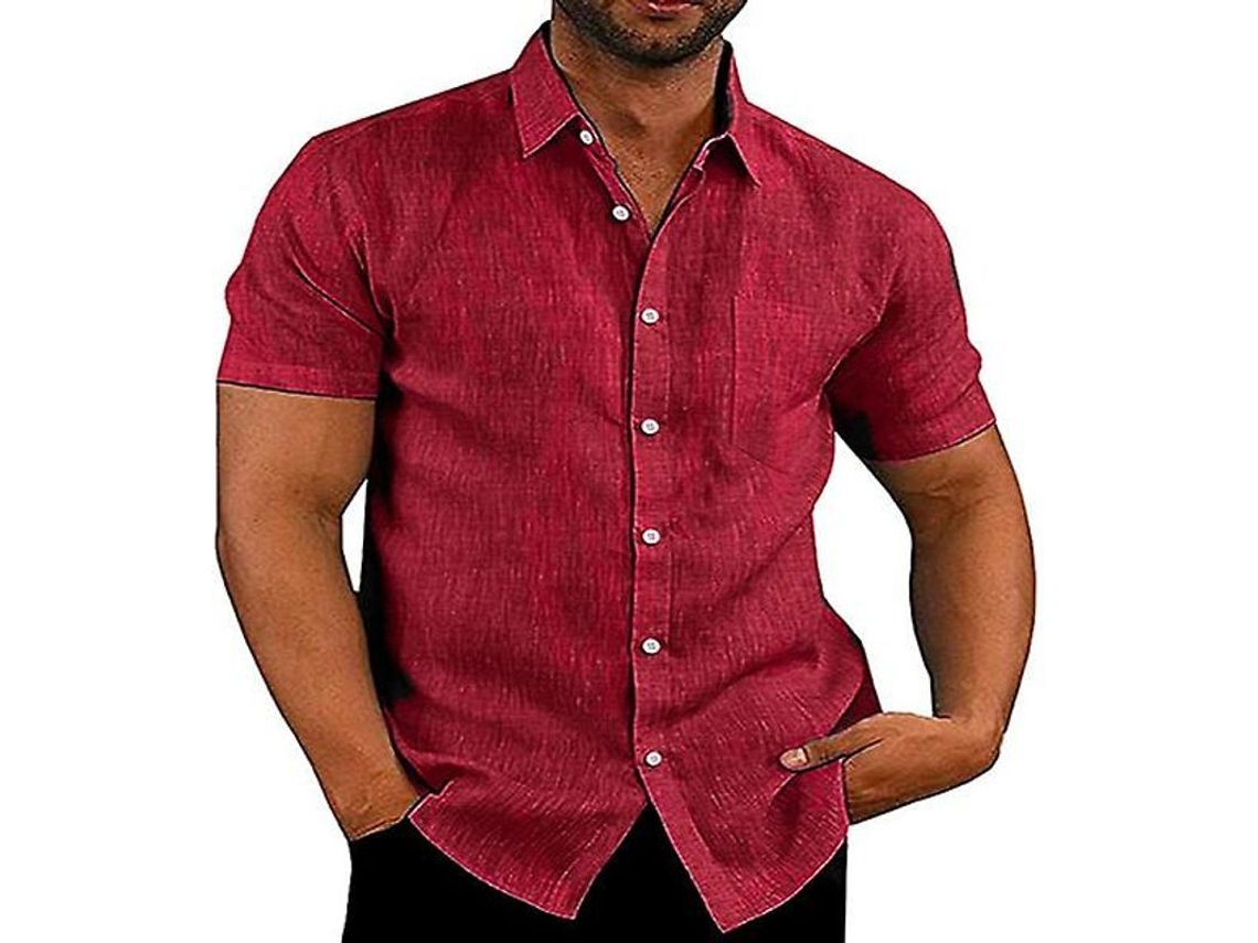 Camisa Casual Masculina De Algodão E Linho Com Listras Manga Curta Para Primavera/verão Dia A Dia Vinho Tinto