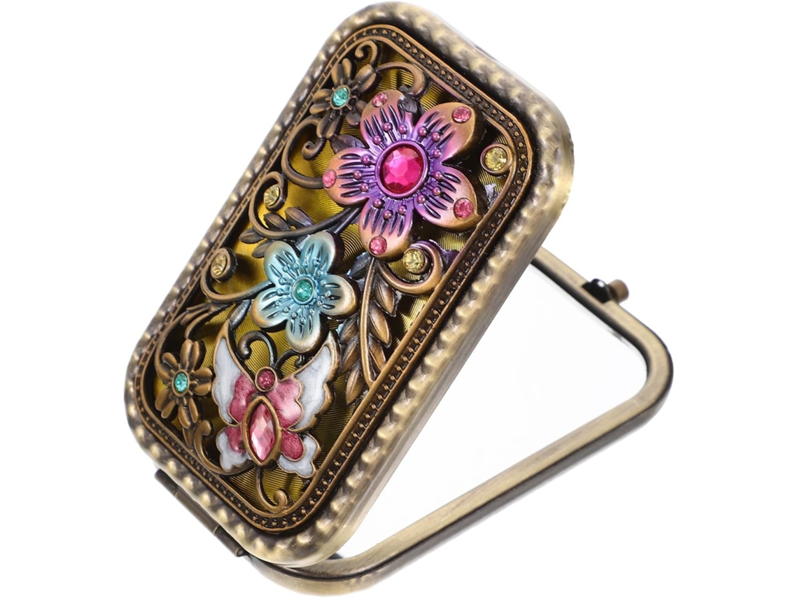 Espelho dobrável vintage Maquiagem em metal e vidro, leve e portátil, ideal para viagens.