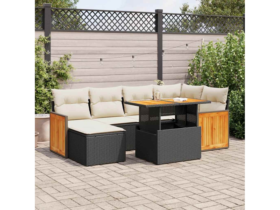 Vidaxl 7 Pcs Conjunto Sofás Jardim C/ Almofadões Vime Pe/acácia Preto