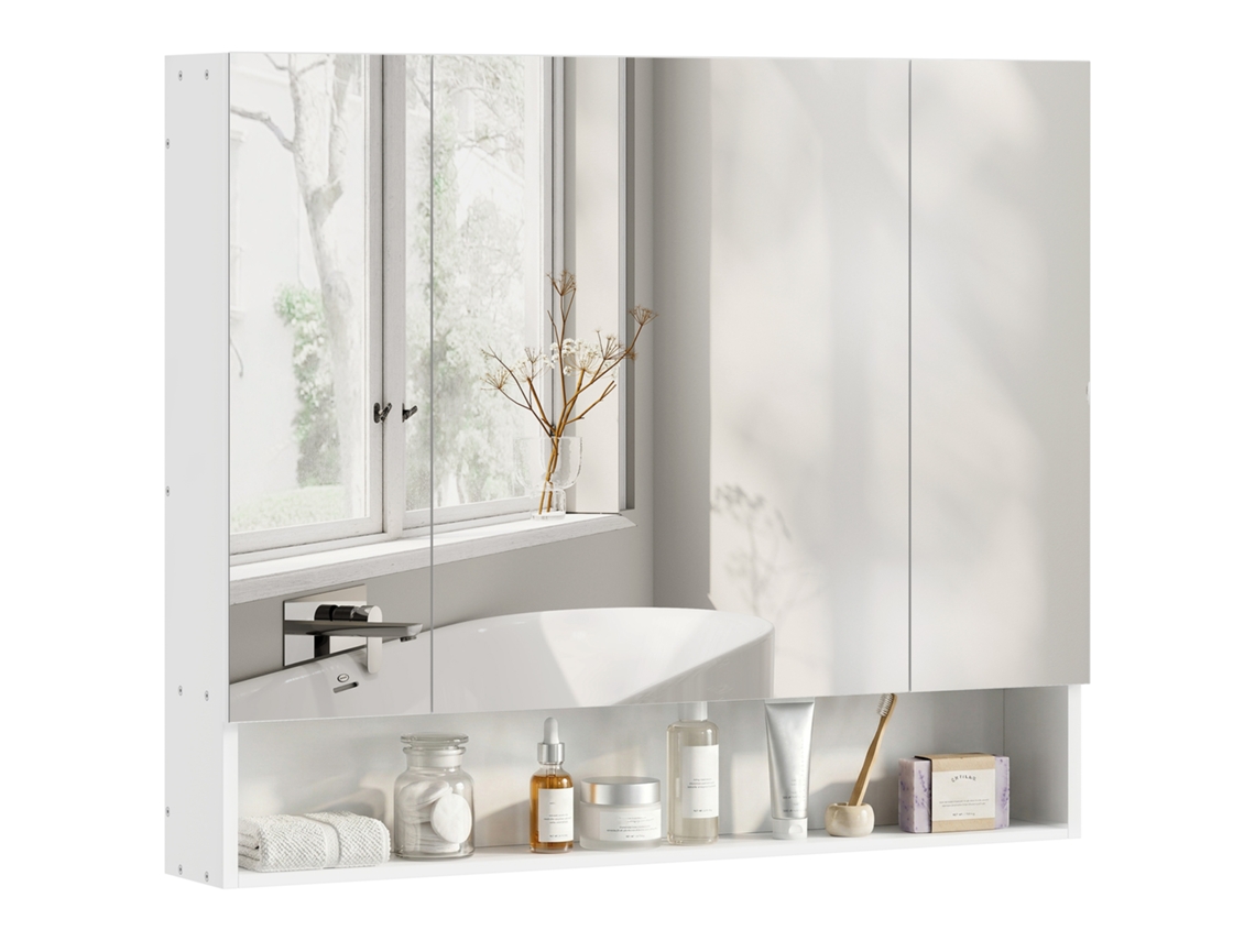 Espelho de banheiro com 3 portas, armário, prateleiras ajustáveis, 90x15x75 cm, Branco | S/MARCA