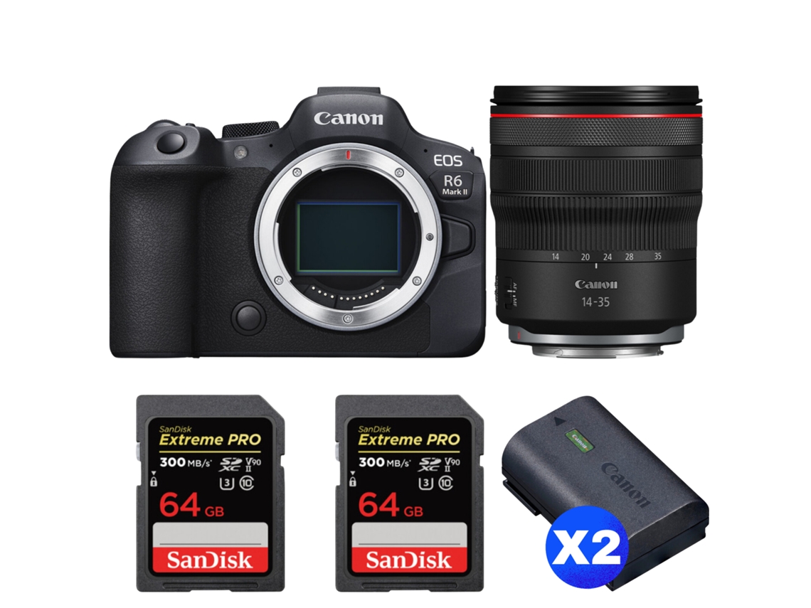 Eos R6 Mark Ii + Rf 14 35mm F/4 L Is Usm + 2 Sandisk 64gb Uhs ii 300mb/s + 2 Canon Lp e6nh + Ebook “20 Dicas para Fotos Que Impressionam” CANON