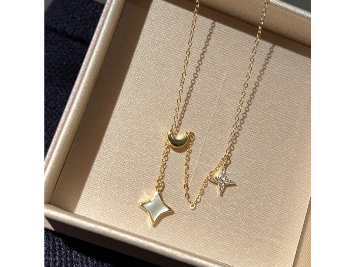 Noite Estrelada e Noite de Luar ~ Colar com Pingente de Estrela e Lua em Concha Branca e Borla, em Prata de Lei S925, Estilo Elegante MDUG (dourado)