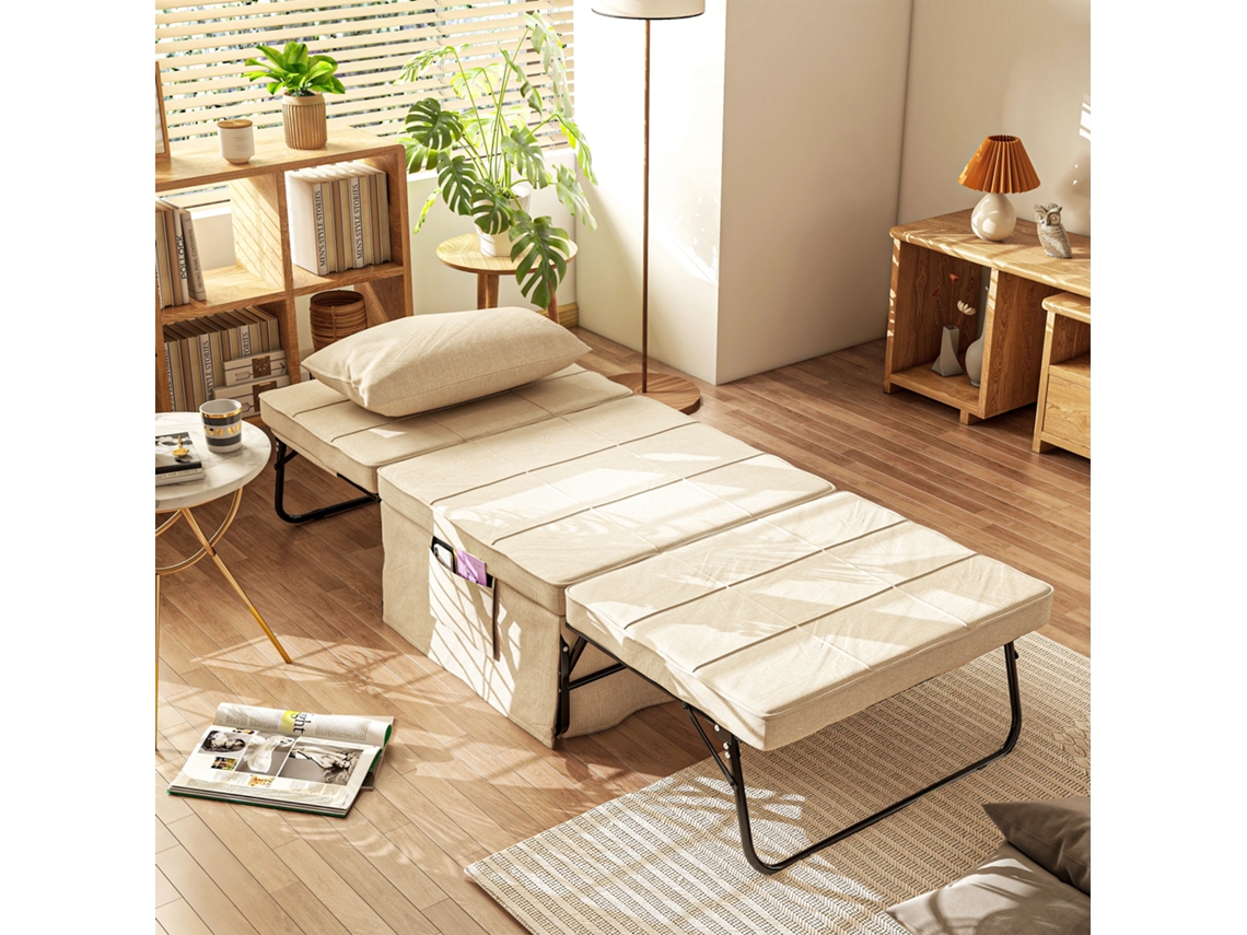 Sofá-cama Revestido Em Linho, Almofada Acolchoada Com 5 Níveis De Ajuste, 75x80x74 Cm, Na Cor Creme -br