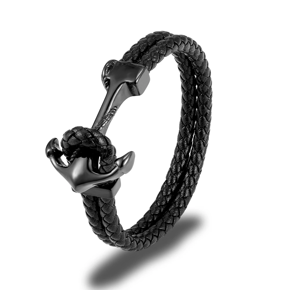 Pulseira Masculina New Hope em Couro Genuíno com Pingente de Aço Inoxidável, Formato de Âncora . MDUG (preta, 21 Cm)