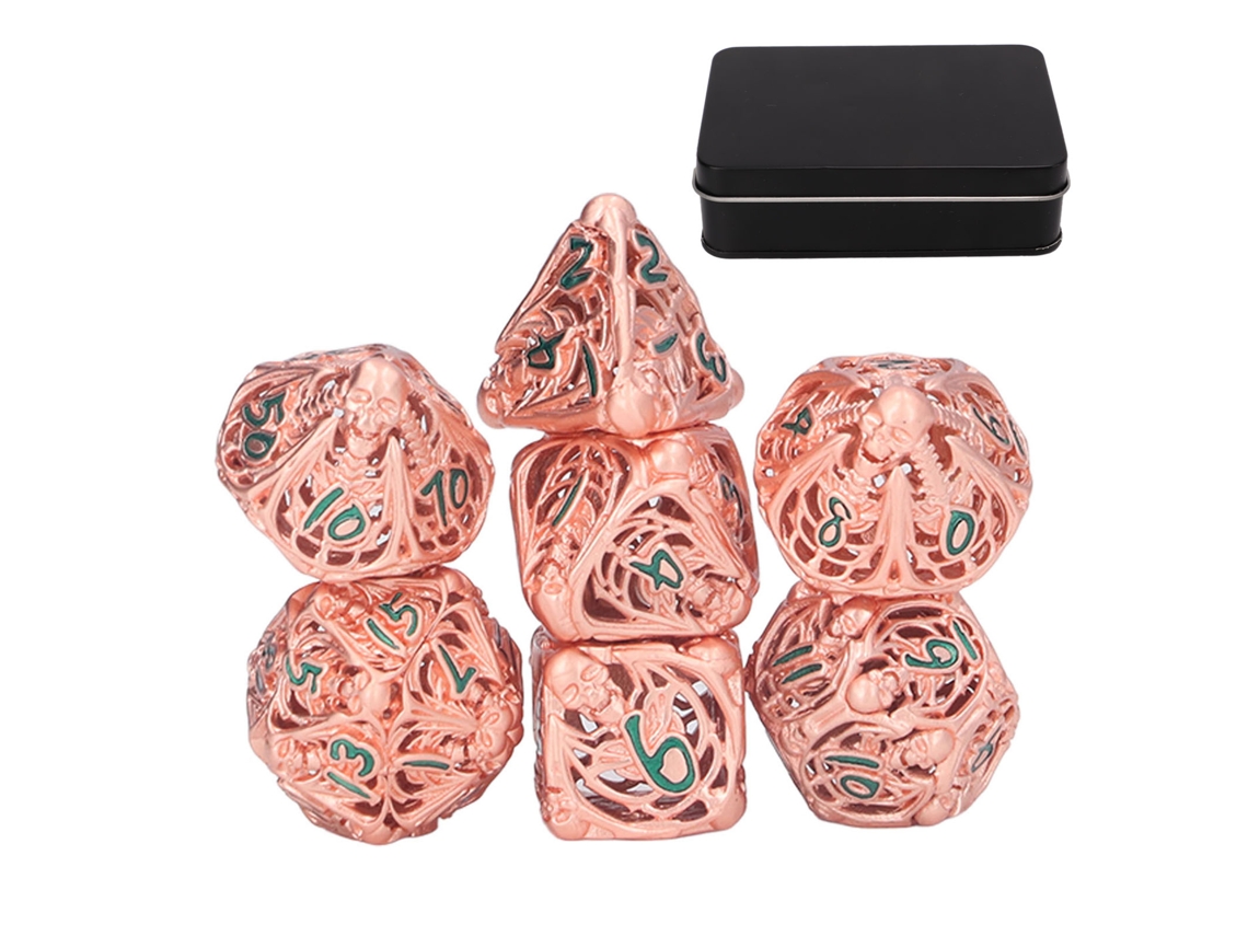 Conjunto De 7 Dados Poliédricos Ocos De Metal Padrão Caveira Para Jogos De Tabuleiro E Rpg