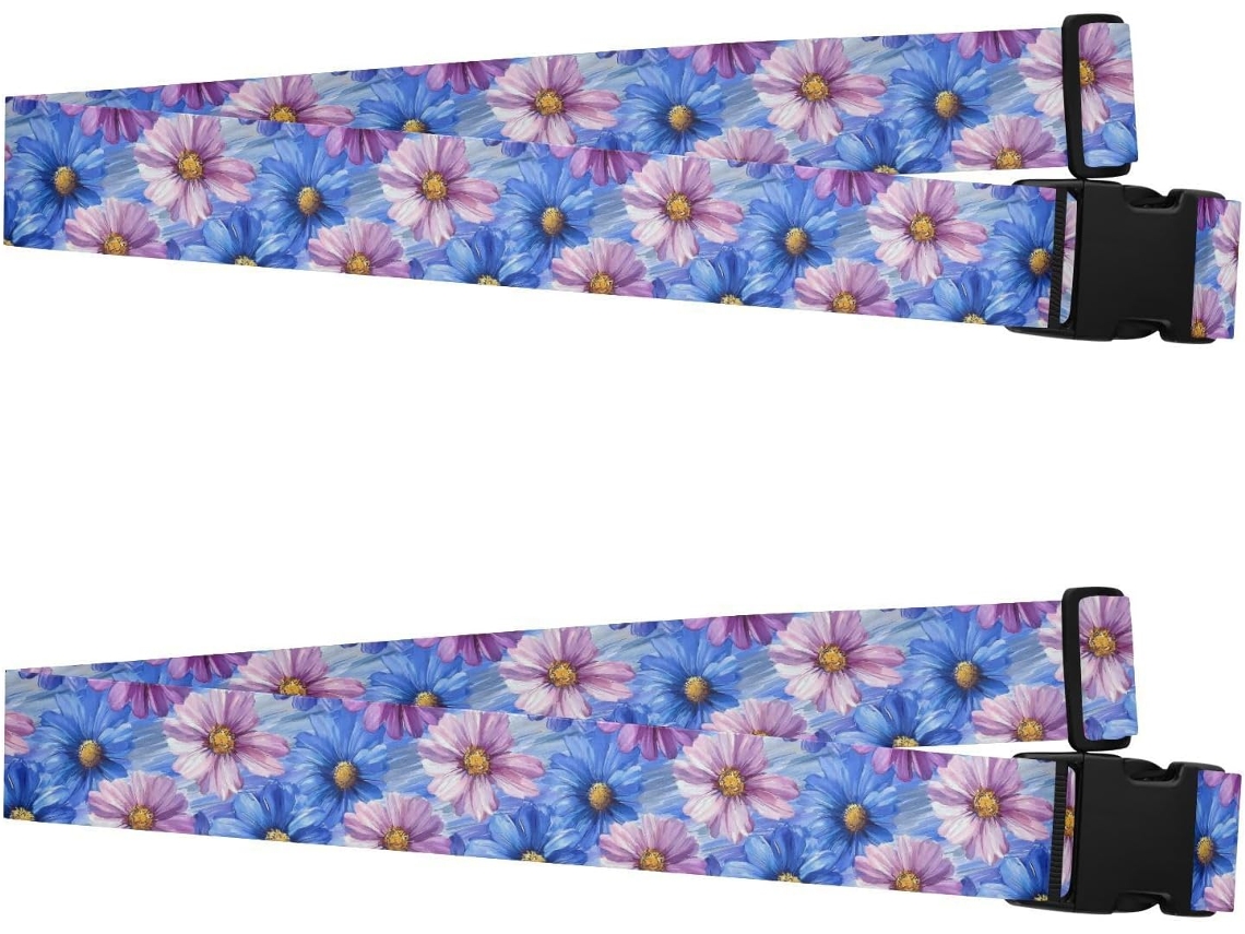 Conjunto De 2 Cintas Bagagem Estampa Margaridas Em Azul E Roxo Unissex Ideal Para Viagens, Escola E Negócios