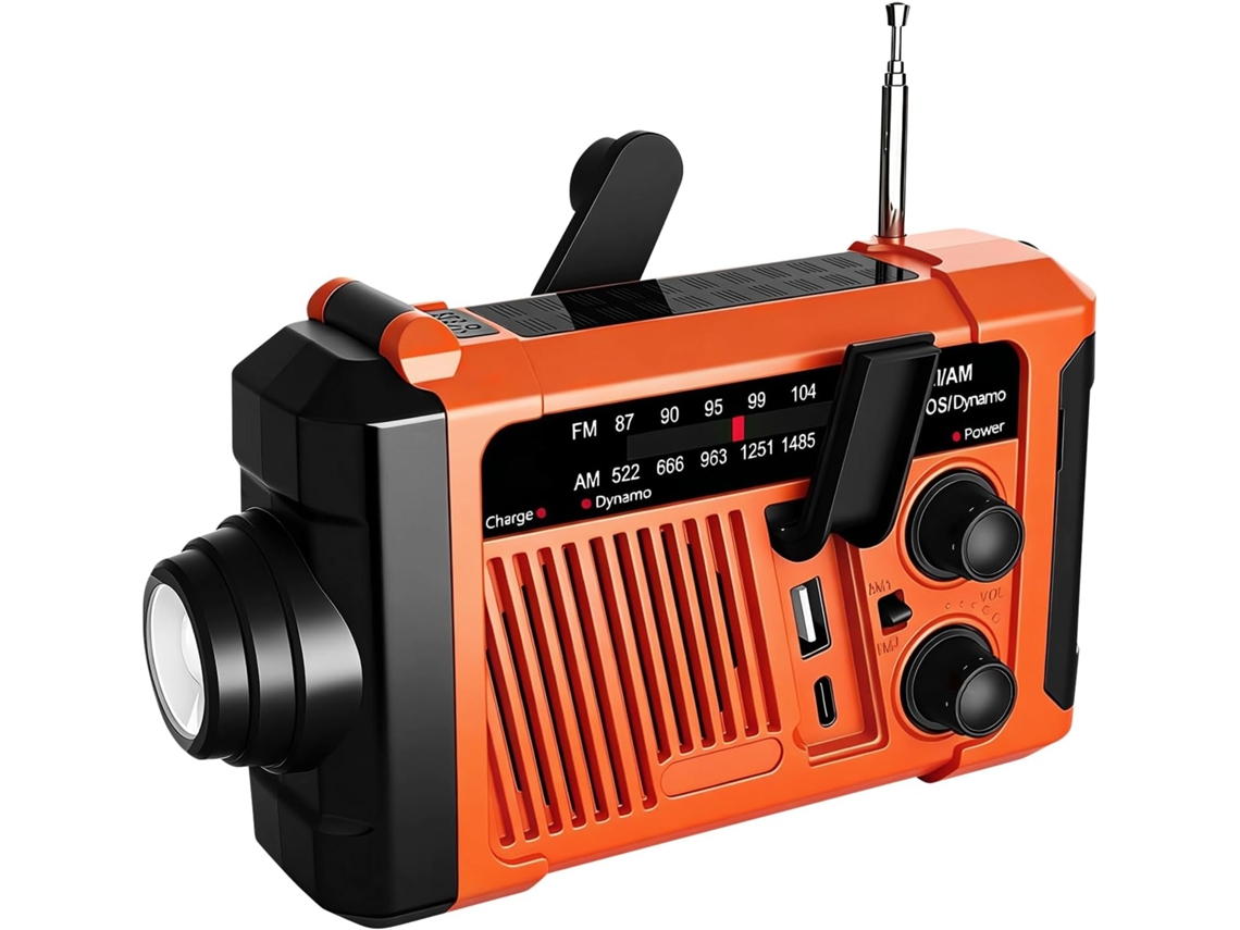Rádio de Emergência HEXINYIGJLY Energia Solar, Manivela, Bateria 18650 1800mWh, Alarme SOS Laranja