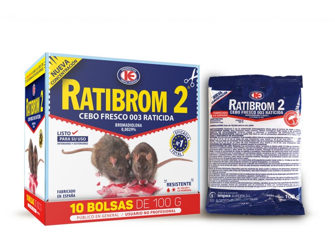 Raticida Ratibrom 2 Cebo Fresco 1 kg 10 Bolsas X 100 Gr Mata Ratas de Uso Doméstico IMPEX EUROPA