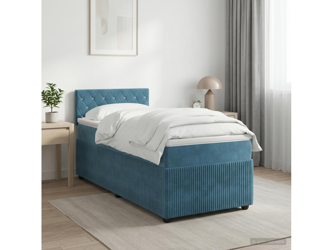 Vidaxl Cama Box Spring Com Colchão Azul Escuro 90 X 200 Cm Veludo