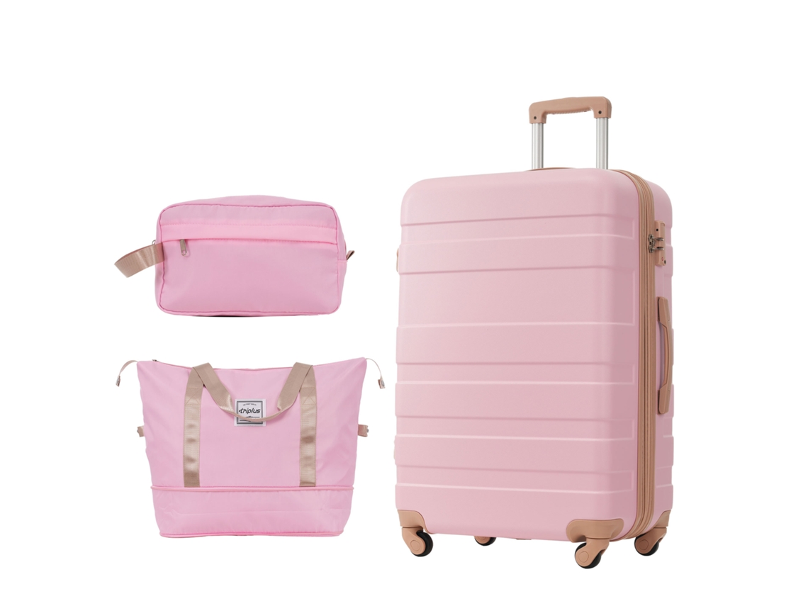 Mala Rígida Com Necessaire, Bagagem De Mão 4 Rodas, Abs, Fechadura Tsa, 52x30x78cm, Expansível. Rosa