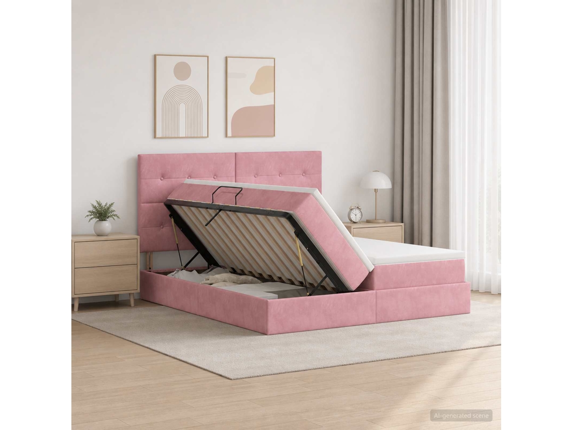 Vidaxl Cama Com Armazenamento Com Cabeceira Rosa 200 X 200 Cm Veludo