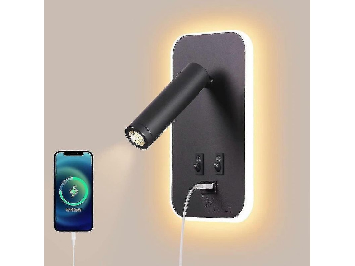 Lâmpada De Parede Led 3 Em 1 Com Interruptores Independentes E Função De Carregamento Usb 5v/2a
