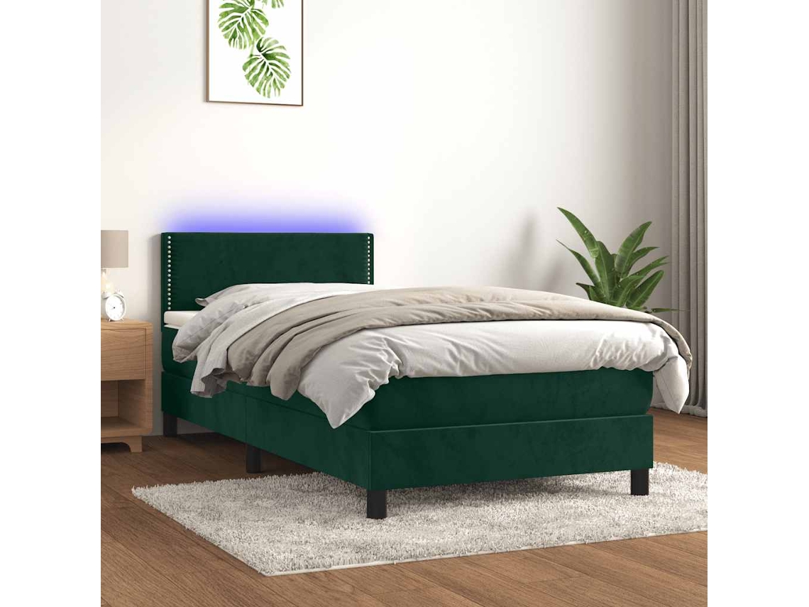 Vidaxl Cama Box Spring C/ Colchão/led 100x200 Cm Veludo Verde-escuro