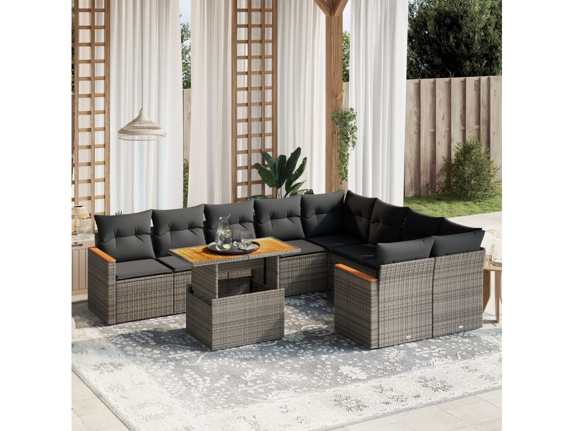 Vidaxl 10 Pcs Conjunto Sofás De Jardim C/ Almofadões Vime Pe Cinzento