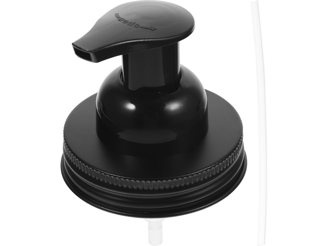 Dispensador com cabeça de bomba em aço inoxidável preto, design sem ferramentas.