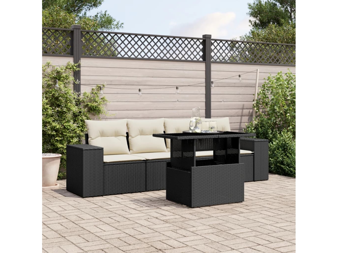 Vidaxl 5 Pcs Conjunto Sofás De Jardim Com Almofadões Vime Pe Preto