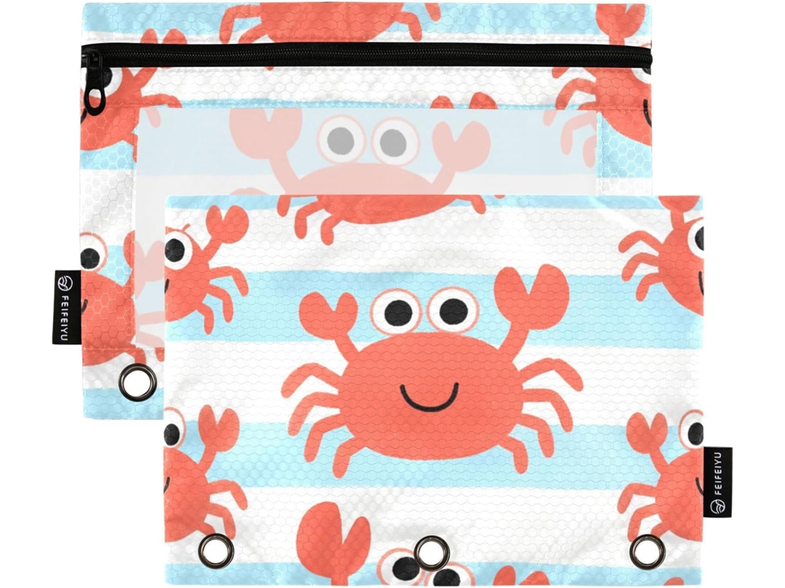 Estojos Lápis Com Desenho De Caranguejo Vermelho, Com Bolso Transparente, Zíper Reforçado, Ilhós, 3 Estojos