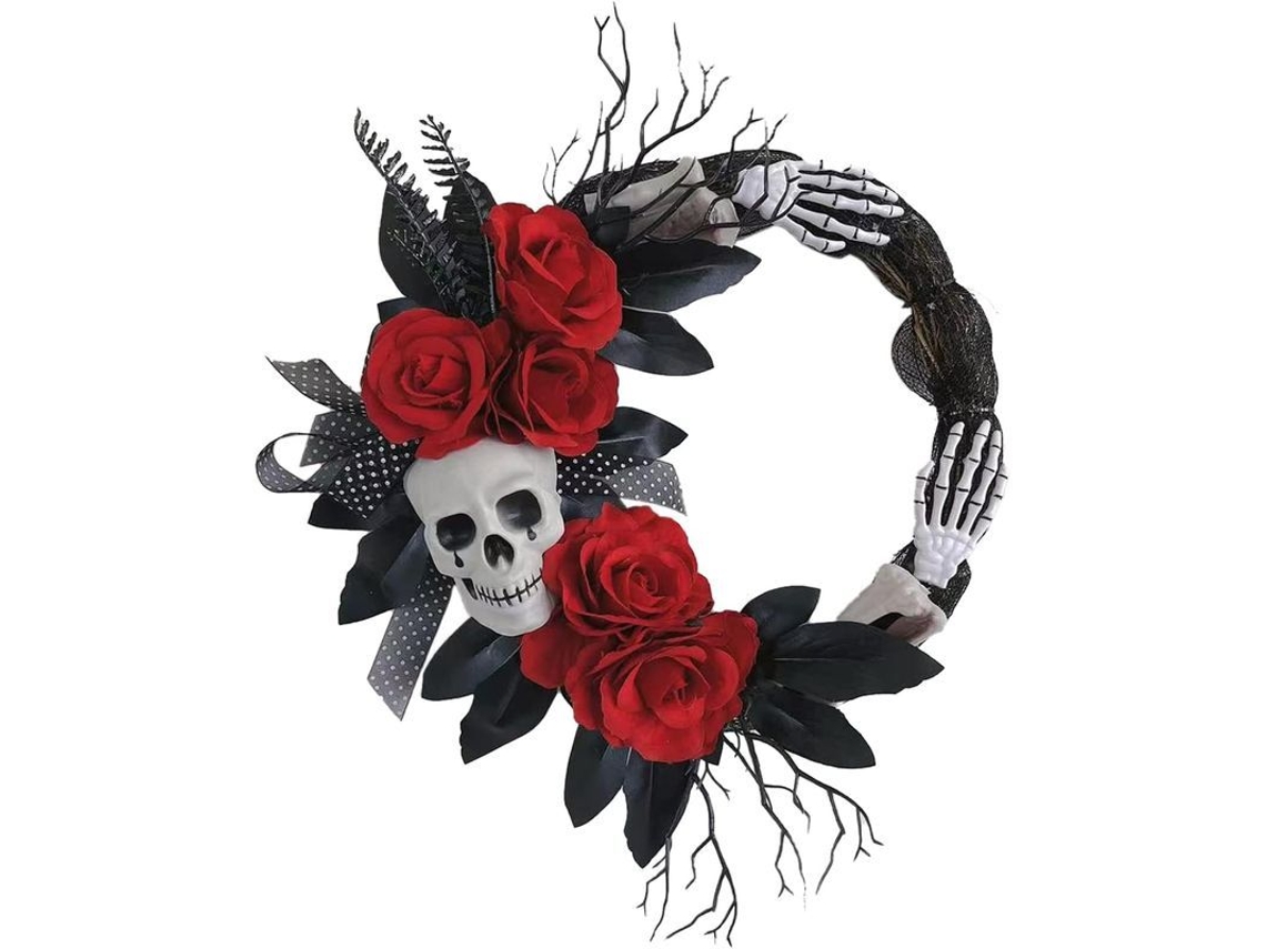 Guirlanda de Porta com Caveira e Rosas Vermelhas para Halloween 19,7 Polegadas
