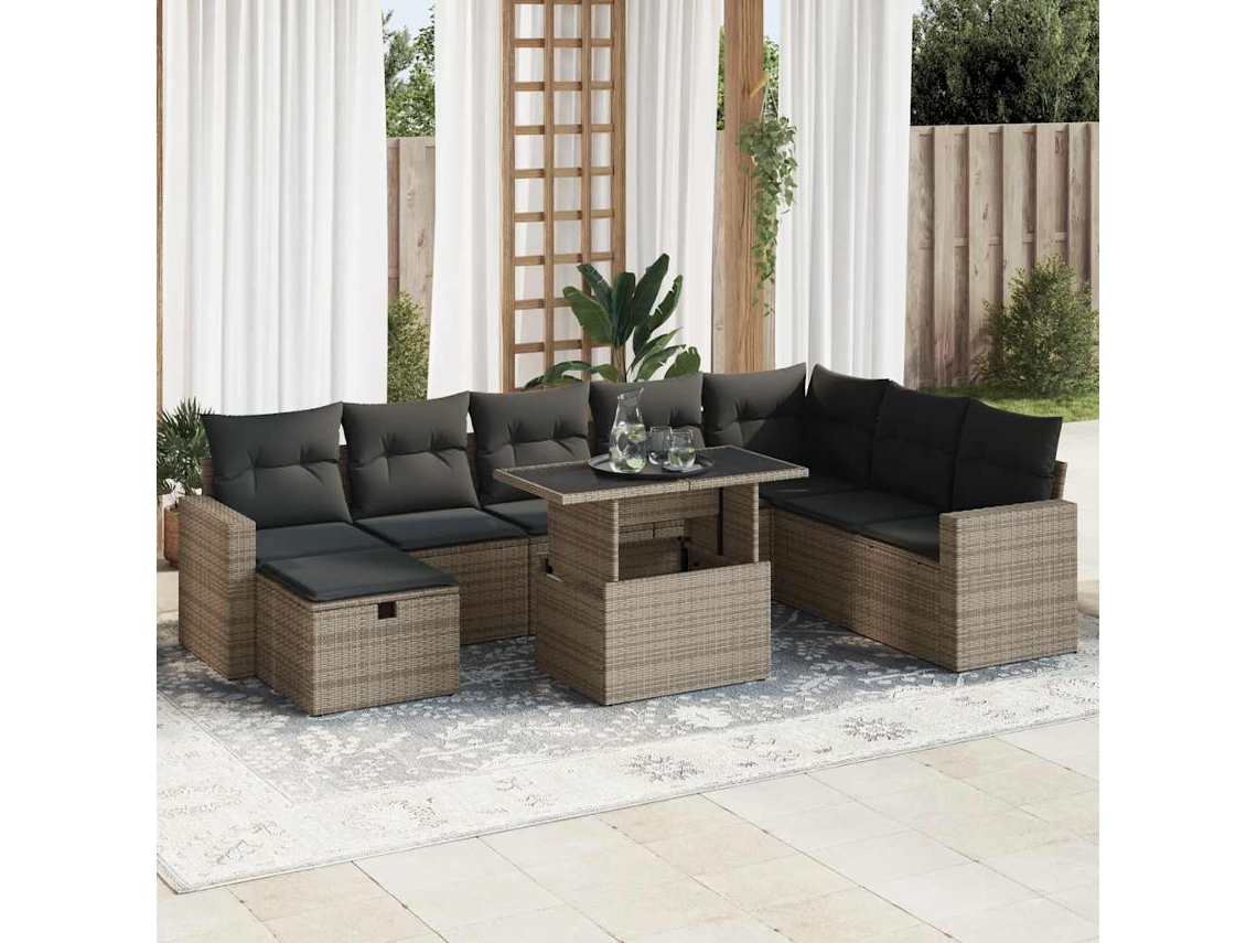 Vidaxl 9 Pcs Conjunto Sofás P/ Jardim Com Almofadões Vime Pe Cinzento