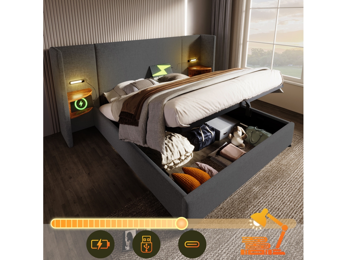 Cama Casal 160×200 Mesa Cabeceira Lâmpada Usb Type-c Estante Cinza