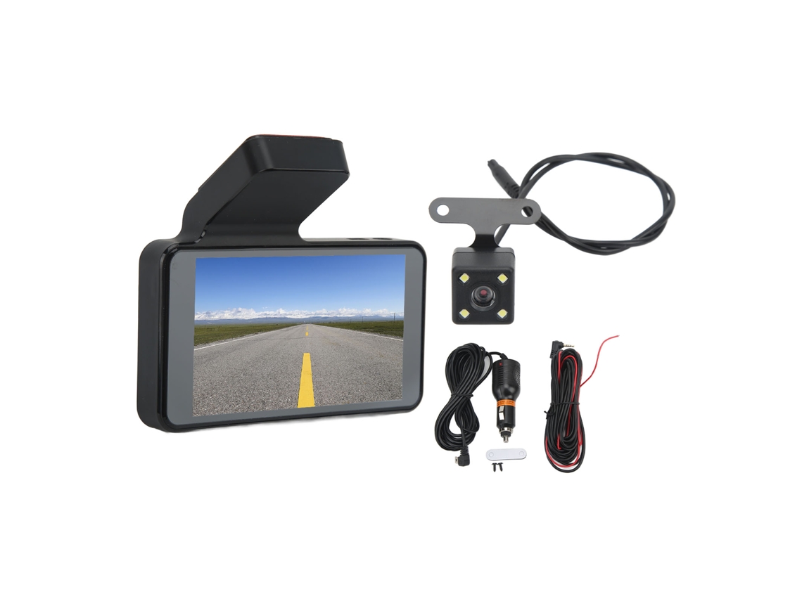 Gravador de vídeo veicular HD 1080p com detecção de movimento, lentes duplas frontal e traseira e gravação automática em loop para carros.