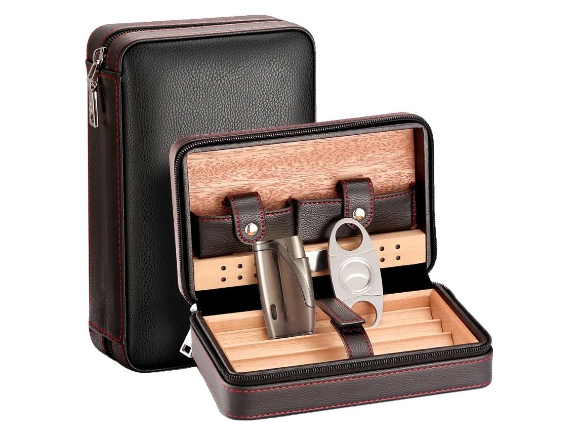 Humidor De Charutos Portátil, Construção Em Couro E Cedro, Inclui Cortador E Isqueiro, Com Cutter Lighter-c, Com Isqueiro Cortador-a