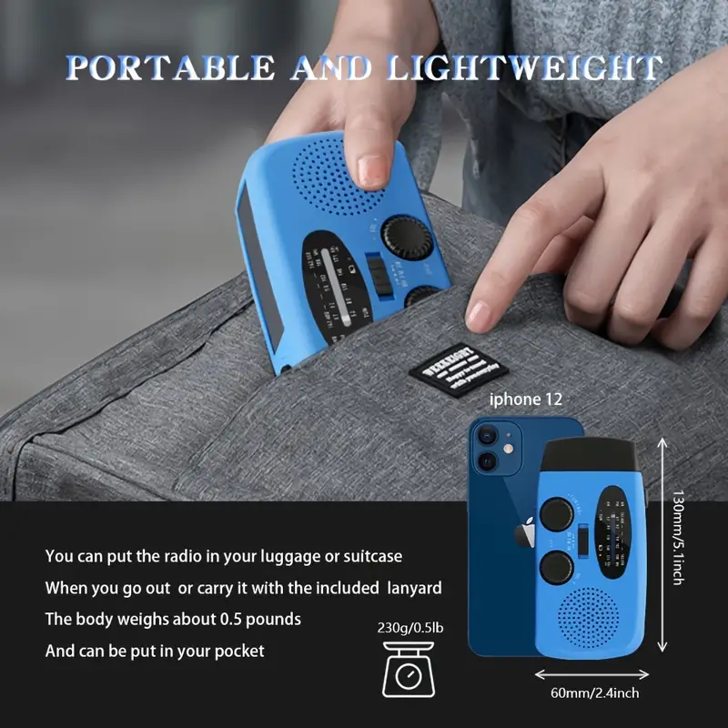 Rádio Solar AQUAFORGE com Manivela, Bateria 2000mAh, Am/fm, Lanterna LED
