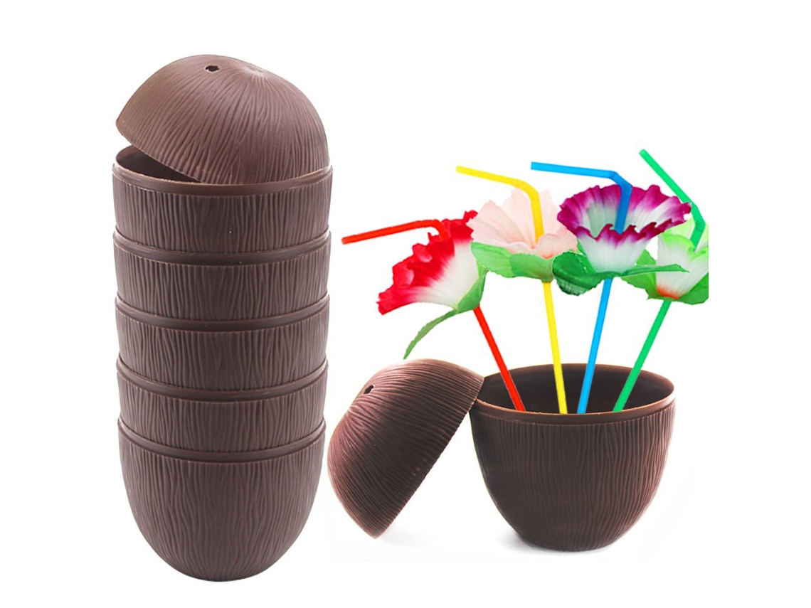 Copo de Coco de Plástico para Coquetéis Festa Havaiana com Garrafa de Bebida 56g com S/MARCA