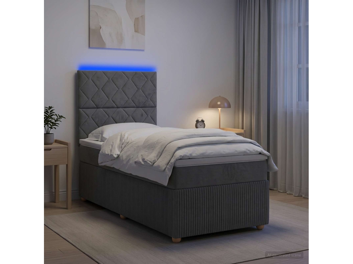 Vidaxl Cama Box Com Led E Colchão Cinzento-escuro 100 X 200 Cm Tecido