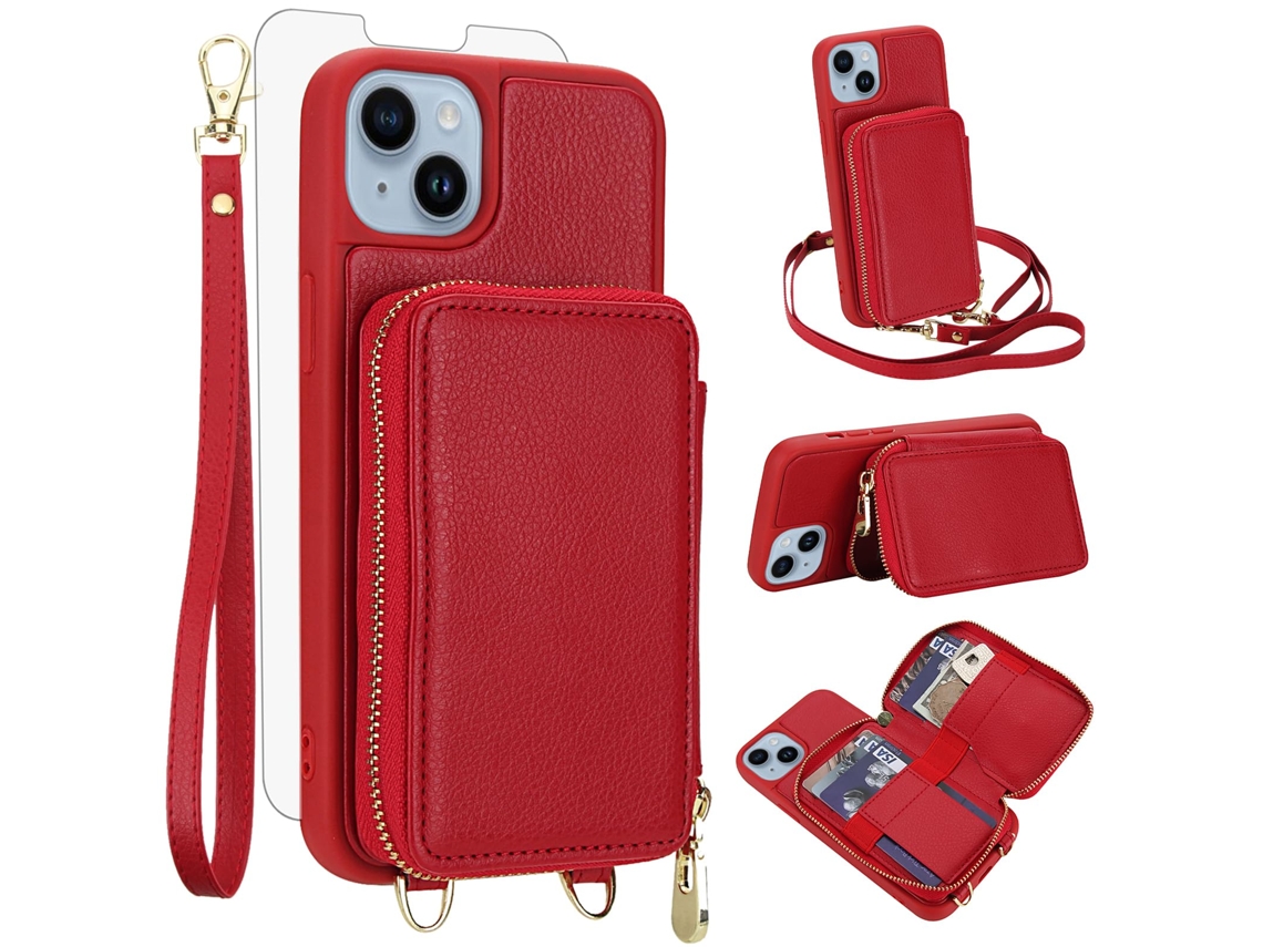 Capa Carteira Para Celular Em Couro Pu+tpu Com Protetor De Tela Para Iphone 13/14 (6,1 Polegadas) - Vermelha