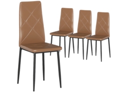Conjunto de 4 Cadeiras de Jantar Estofadas em Couro Sintético com Encosto Alto e Pernas de Aço 41x50x97 Cm Castanho Ge