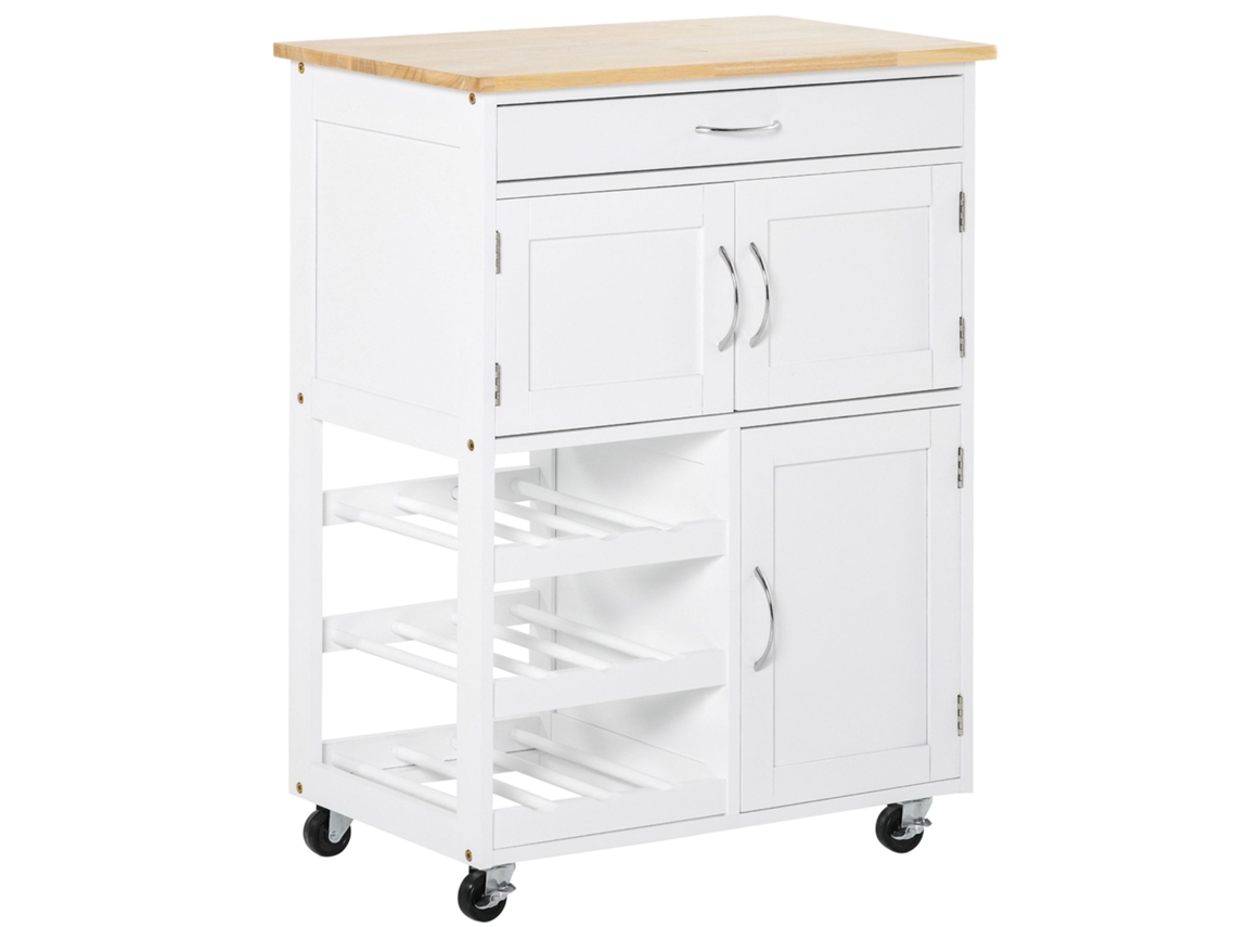 Carrinho De Cozinha Com Rodas Gaveta 2 Armários Armazenamento E 3 Prateleiras Abertas Para 9 Garrafas Para Sala Jantar 67x37x87cm Branco