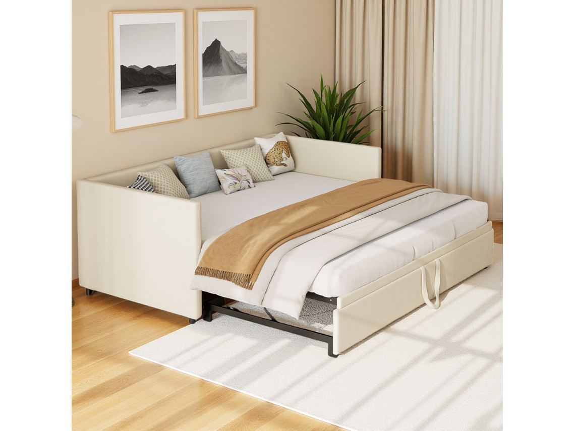 Sofá‑cama Extensível 90/180x200 Cm,com Estrado De Ripas De Madeira,cama De Dia Para Quarto Pequeno E Quarto De Hóspedes,veludo,bege