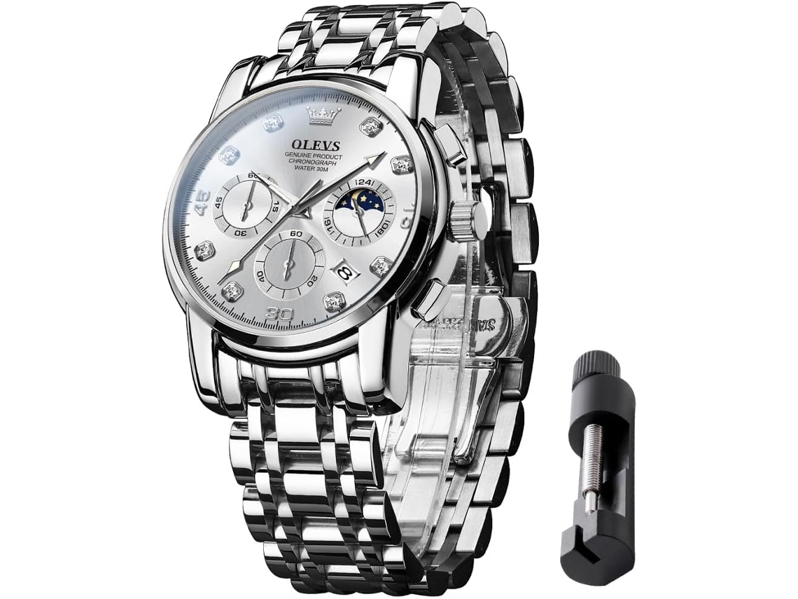Masculino de Aço Inoxidável Diamante Negócios Quartzo À Prova DÁgua Luminosa Design de Data Relógio Casual de Duas Coresprata