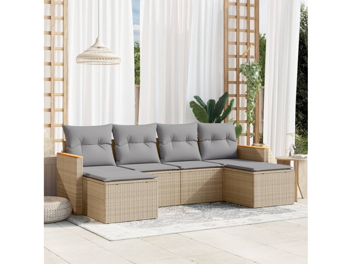 Jogo 6 Peças Sofás Jardim C/ Almofadões Vime Pe Bege Misturado Dkd Home Decor