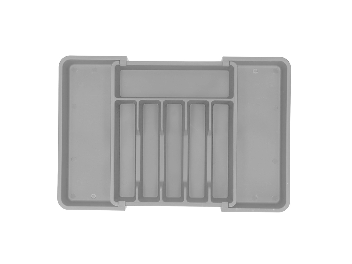 Organizador de gaveta expansível para talheres e utensílios de cozinha, bandeja cinza.