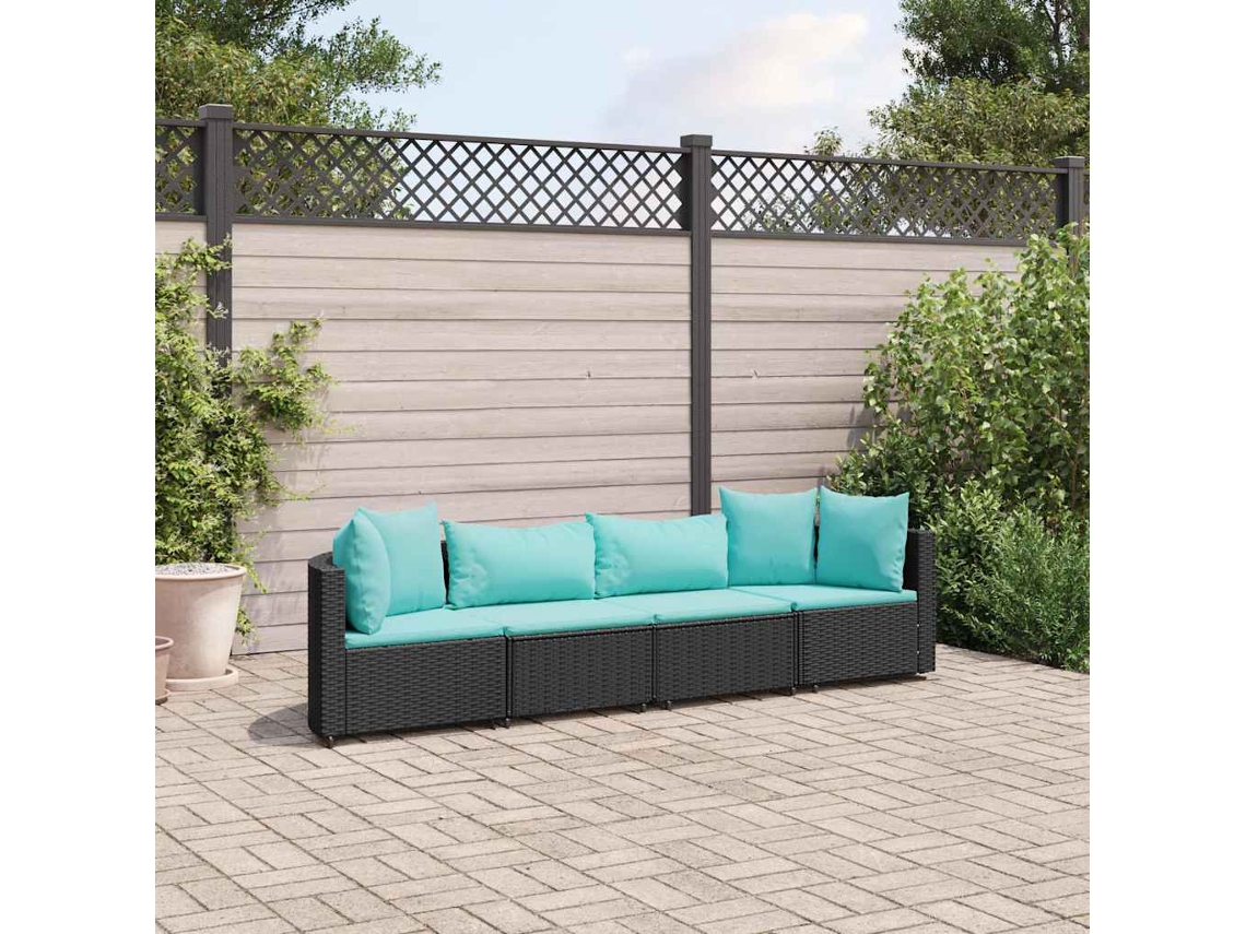 4 Pcs Conjunto De Sofá Para Jardim C/ Almofadões Vime Pe Preto Dkd Home Decor