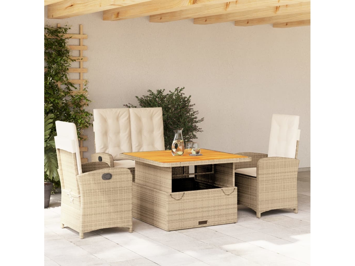 4 Pcs Conjunto De Jantar P/ Jardim C/ Almofadões Vime Pe Bege Dkd Home Decor