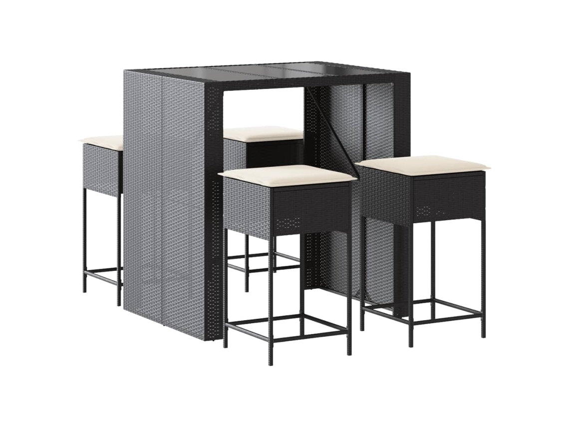 Conjunto 5 de bar p/ jardim c/ almofadões VIDAXL vime PE preto