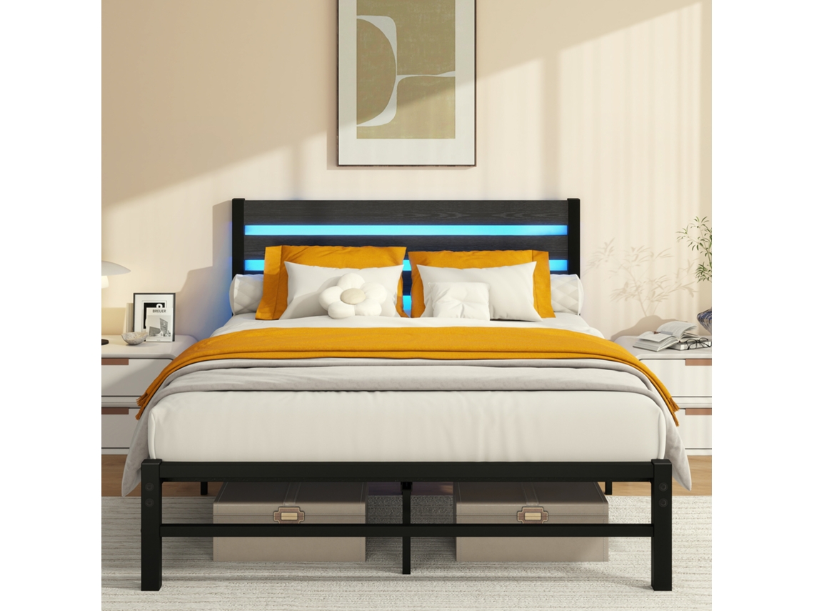 Cama Metal 140x200 Cm, Led, Usb, Arrumação Inferior, Resistente, Sem Colchão, Preta