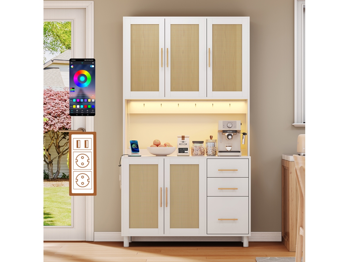 Aparador De Cozinha De 183 Cm, Com Luzes Decorativas Led Controladas Por Aplicação, 2 Portas Usb, 2 Tomadas, Prateleiras Ajustáveis